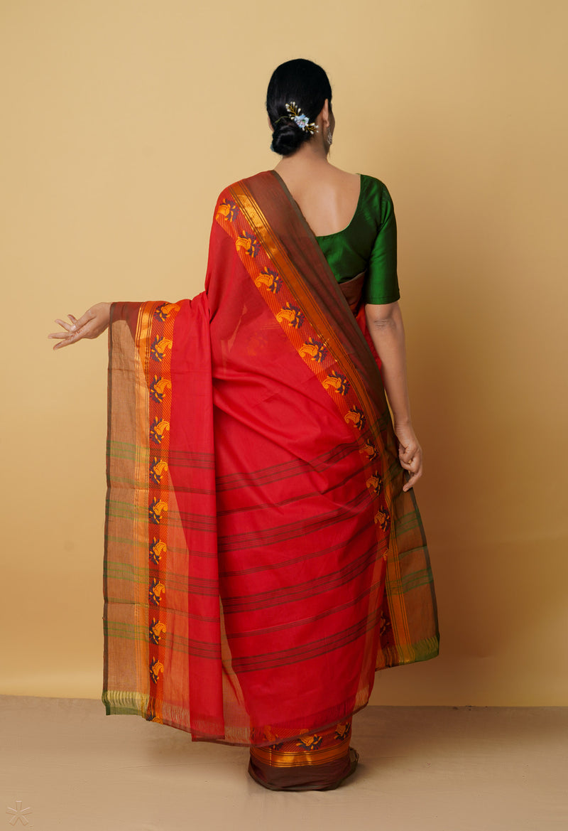 Red Pure Pavani Handcrafted Kanchi Cotton Saree-UNM66002