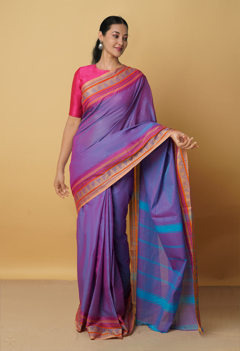 Blue-Pink Pure Pavani Handcrafted Kanchi Cotton Saree-UNM66006