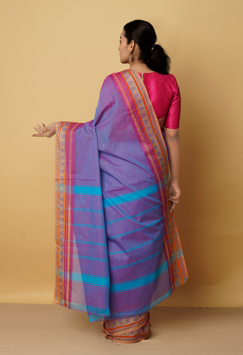Blue-Pink Pure Pavani Handcrafted Kanchi Cotton Saree-UNM66006