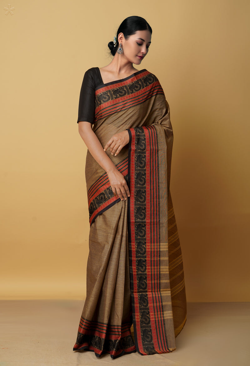 Brown Pure Pavani Handcrafted Kanchi Cotton Saree-UNM66011
