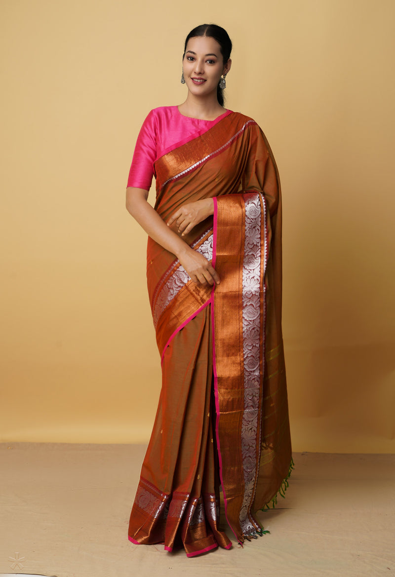 Green-Pink Pure Pavani Handcrafted Kanchi Cotton Saree-UNM66052
