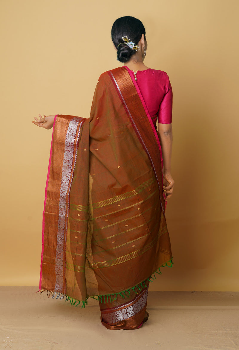 Green-Pink Pure Pavani Handcrafted Kanchi Cotton Saree-UNM66052