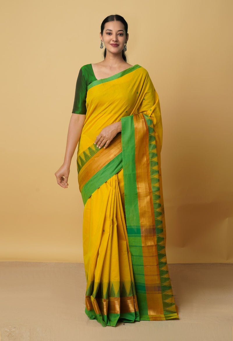 Lemon Yellow Pure Pavani Handcrafted Kanchi Cotton Saree-UNM66114
