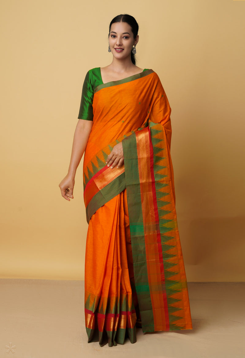 Orange Pure Pavani Handcrafted Kanchi Cotton Saree-UNM66118
