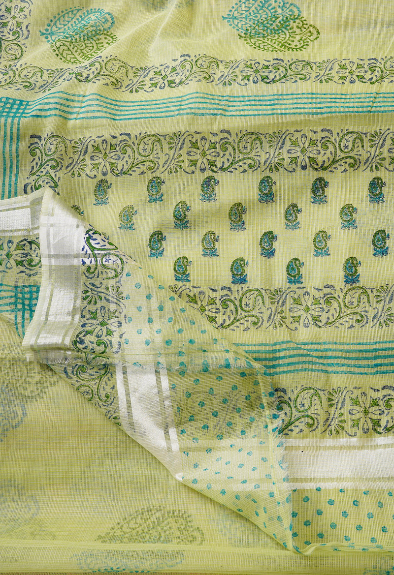 Light Green Pure Kota Block Printed Cotton Saree-UNM66177