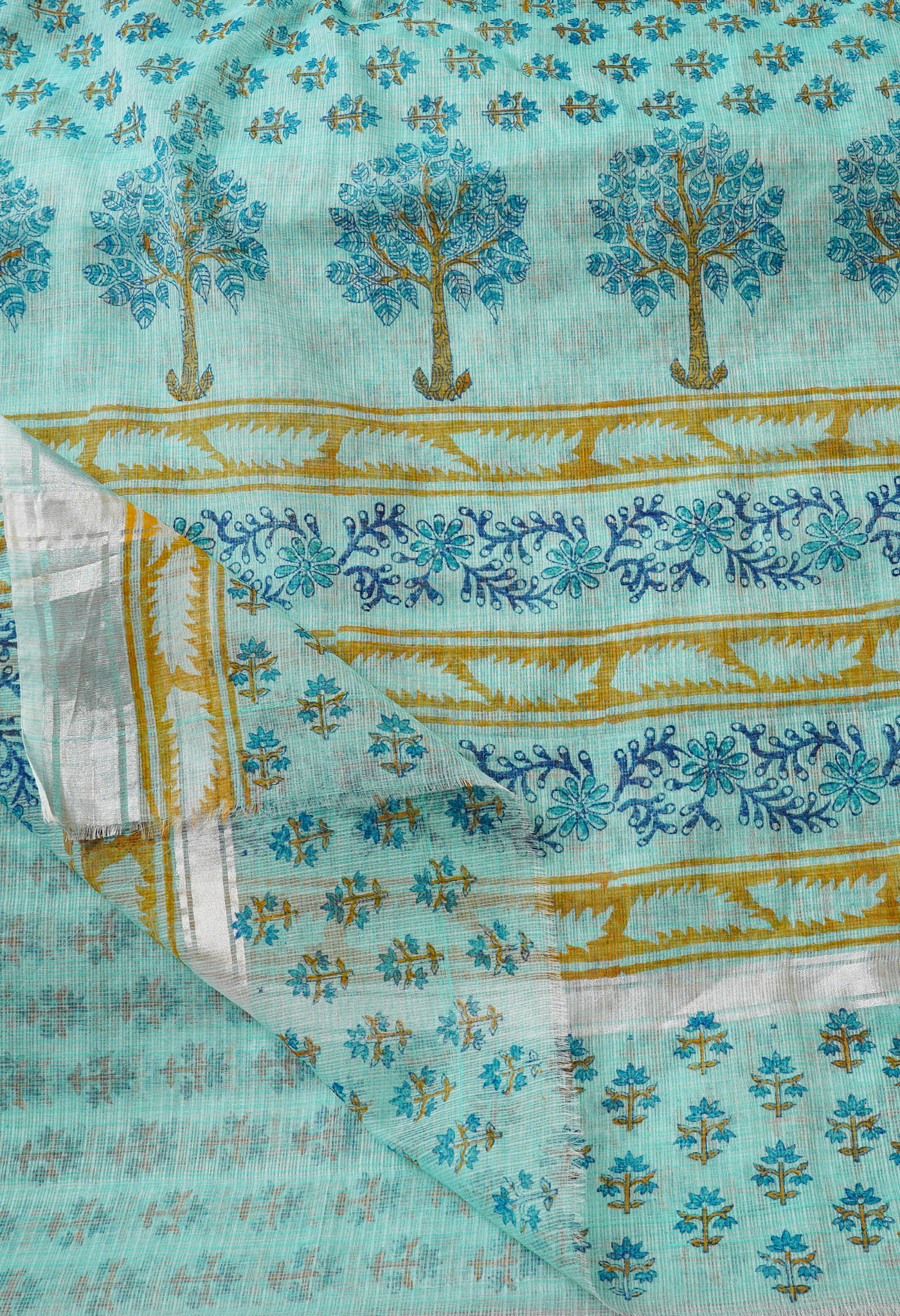 Cyan Blue Pure Kota Block Printed Cotton Saree-UNM66180