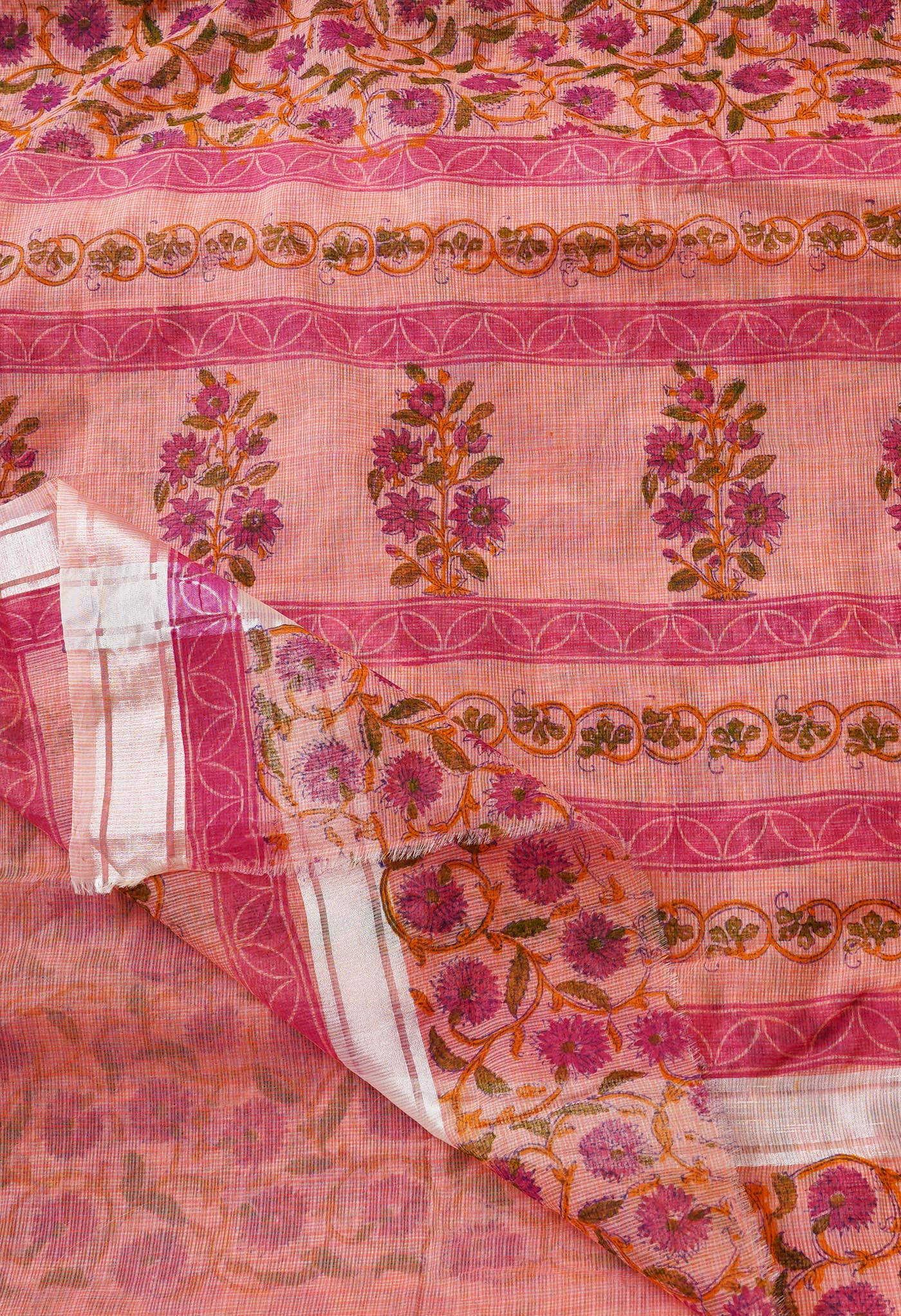 Peach Pink Pure Kota Block Printed Cotton Saree-UNM66183