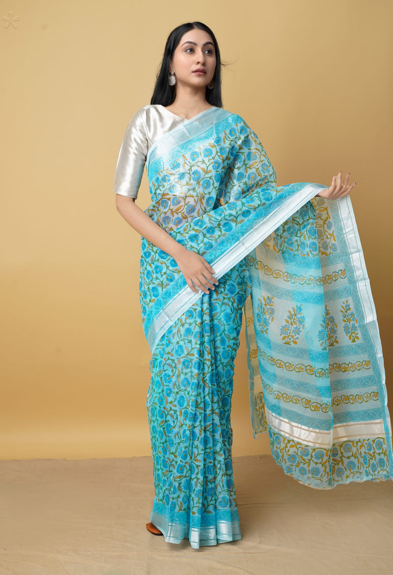 Blue Pure Kota Block Printed Cotton Saree-UNM66184
