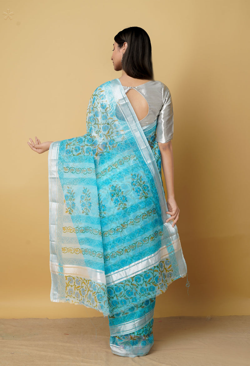 Blue Pure Kota Block Printed Cotton Saree-UNM66184