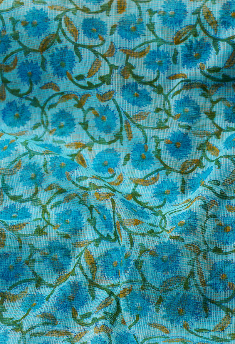 Blue Pure Kota Block Printed Cotton Saree-UNM66184
