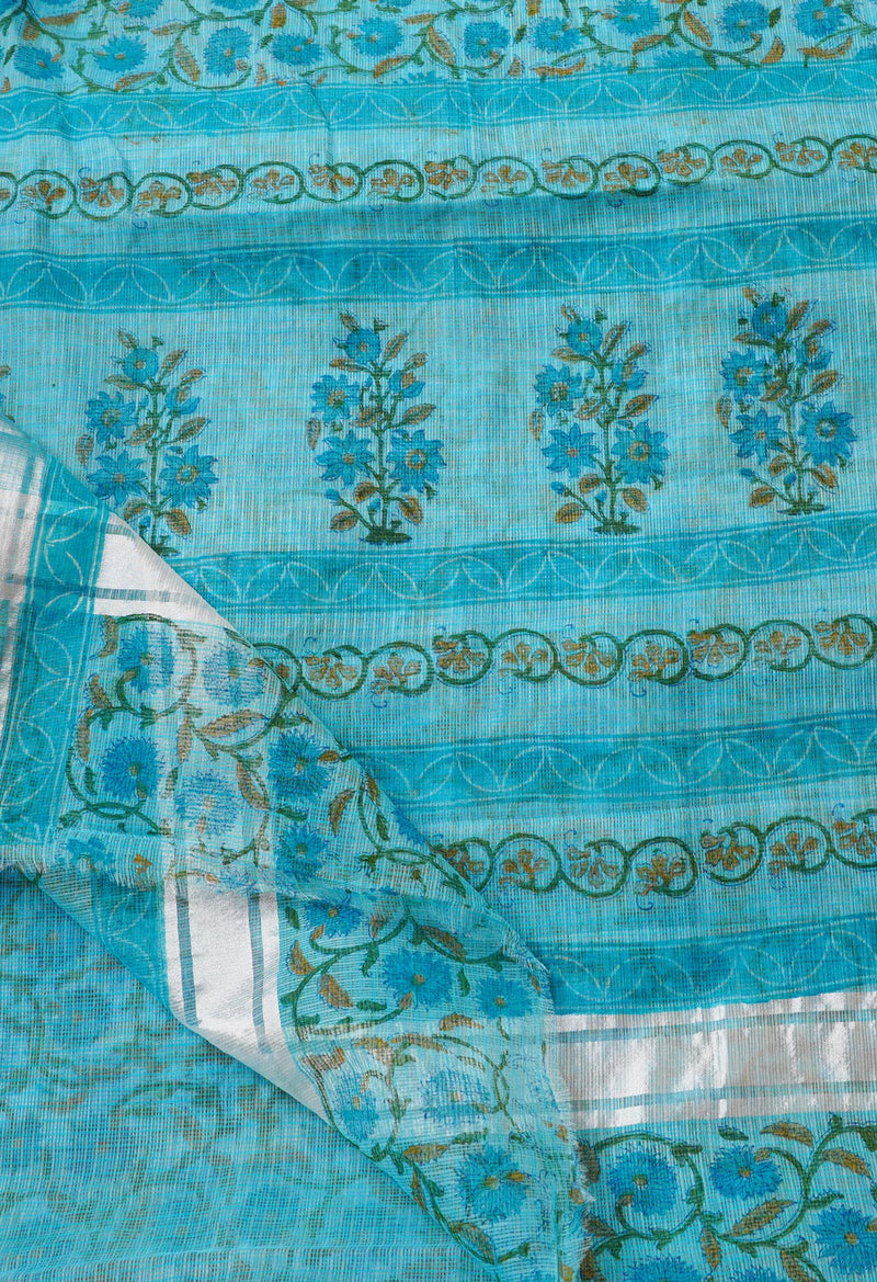 Blue Pure Kota Block Printed Cotton Saree-UNM66184