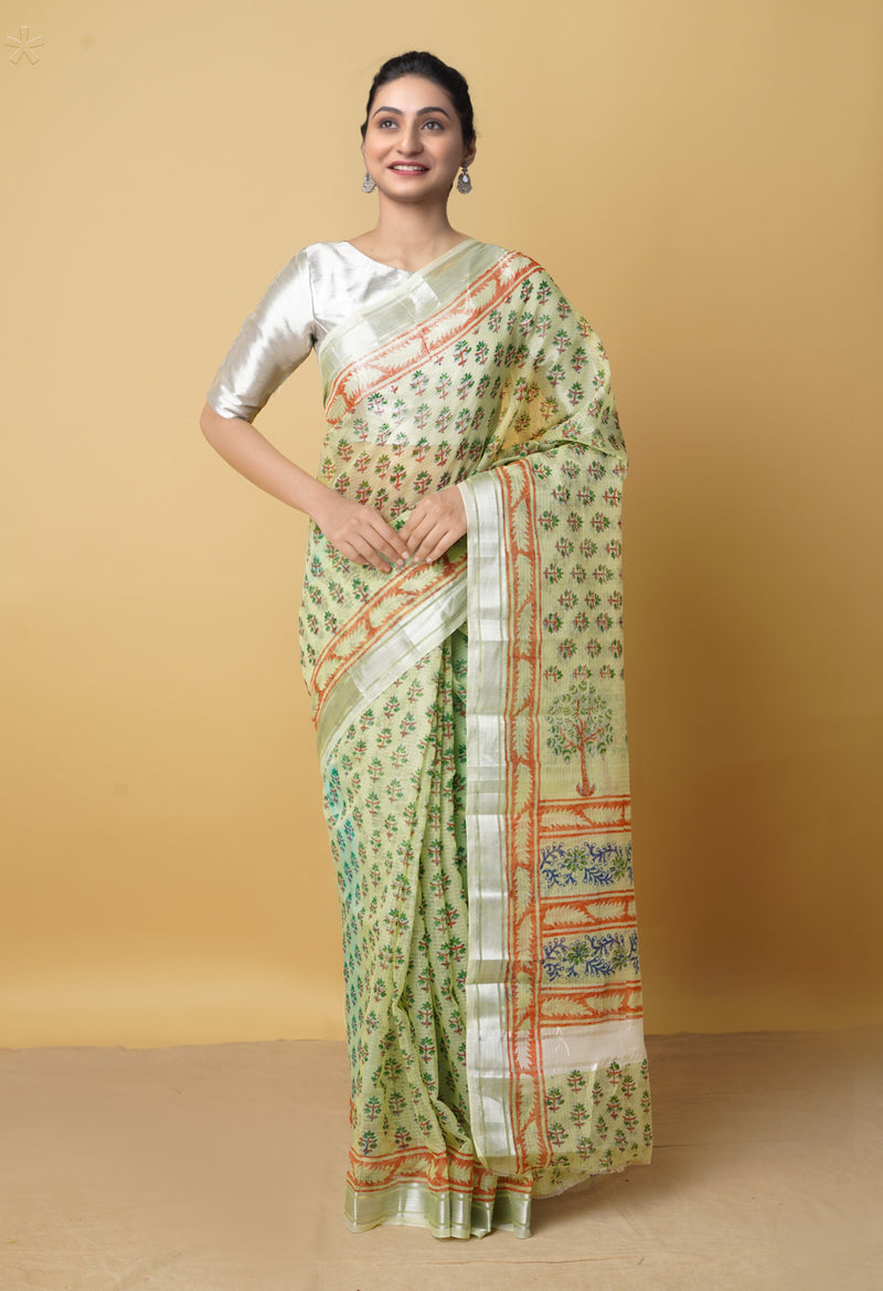 Green Pure Kota Block Printed Cotton Saree-UNM66186