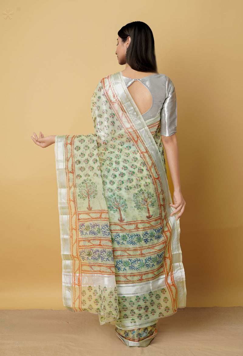 Green Pure Kota Block Printed Cotton Saree-UNM66186