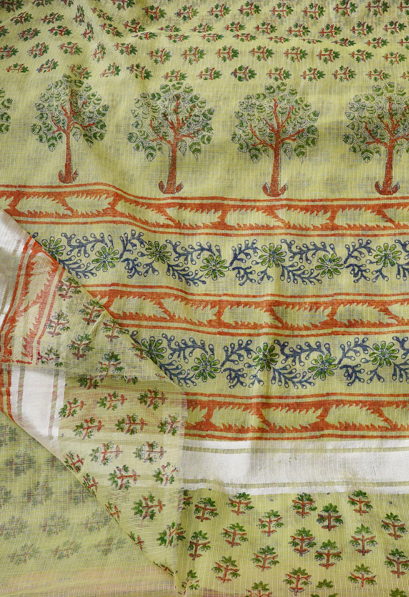 Green Pure Kota Block Printed Cotton Saree-UNM66186