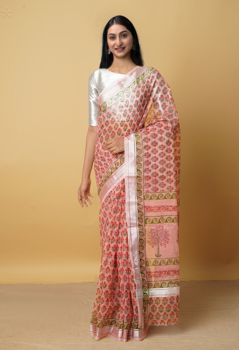 Peach Pink Pure Kota Block Printed Cotton Saree-UNM66189