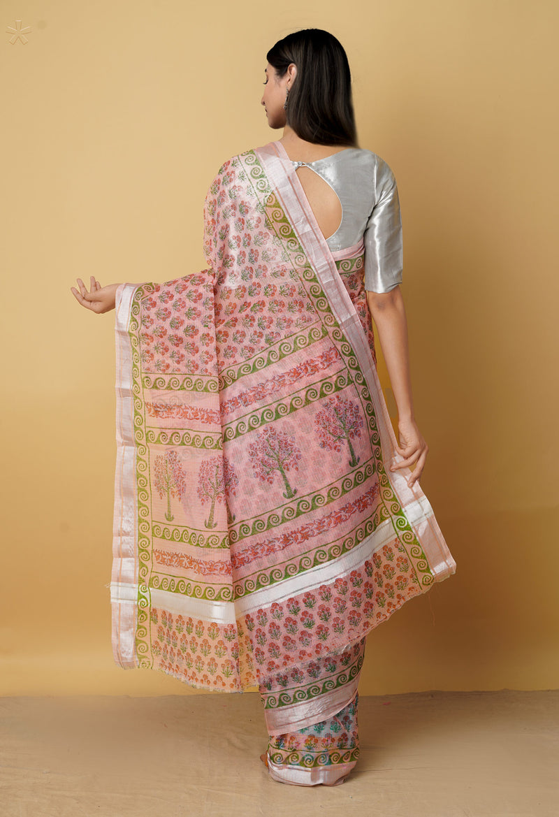 Peach Pink Pure Kota Block Printed Cotton Saree-UNM66189