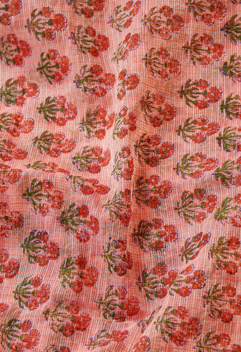 Peach Pink Pure Kota Block Printed Cotton Saree-UNM66189