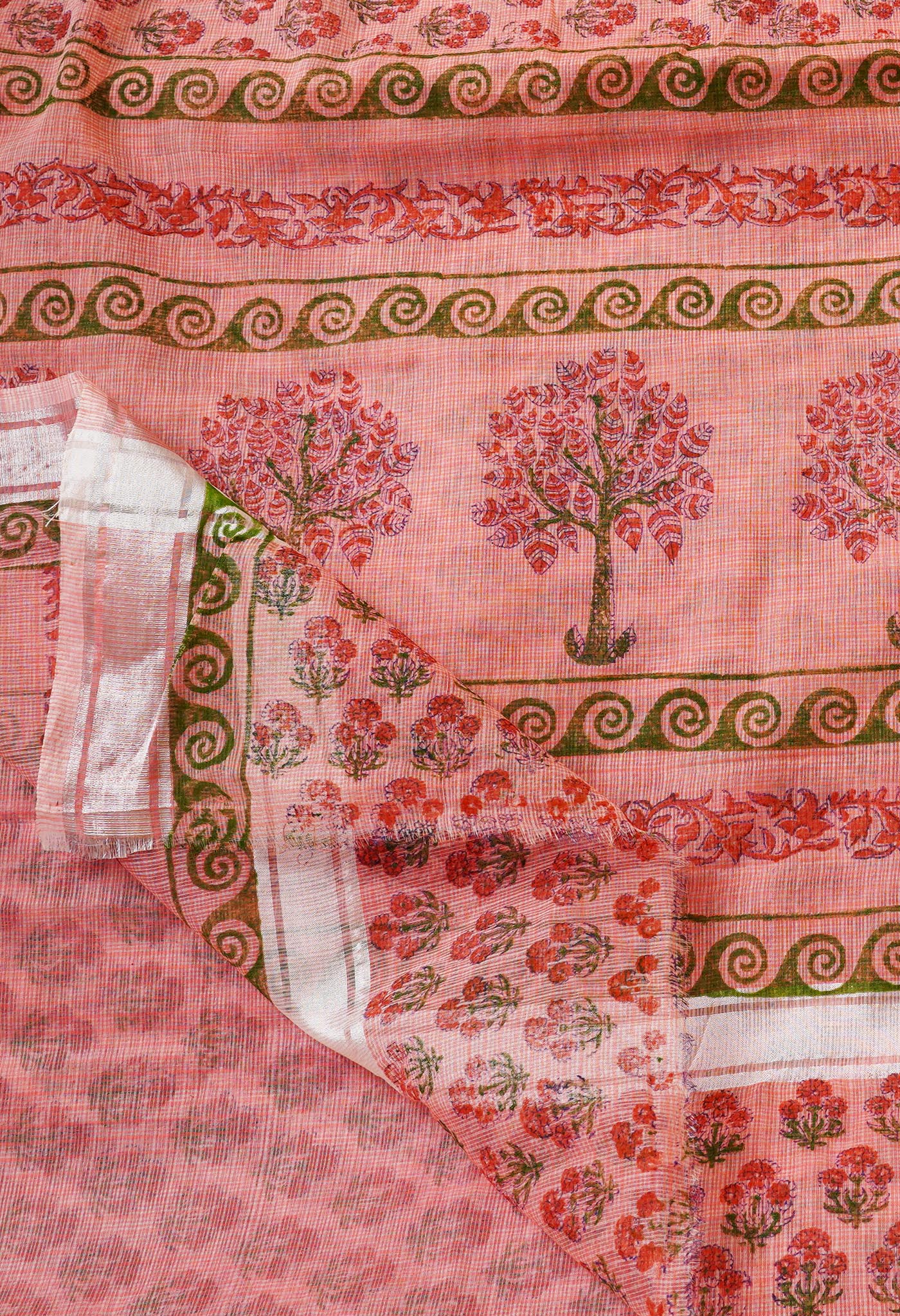 Peach Pink Pure Kota Block Printed Cotton Saree-UNM66189