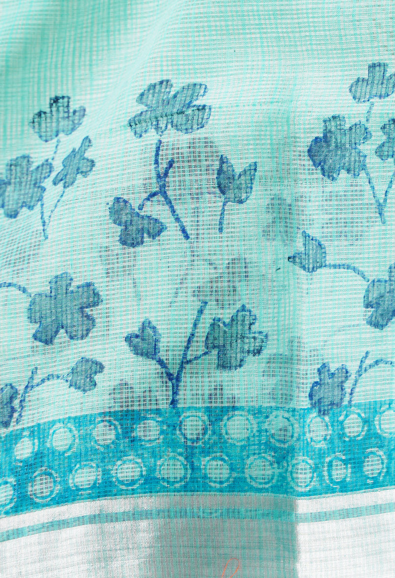 Sea Green Pure Kota Block Printed Cotton Saree-UNM66191