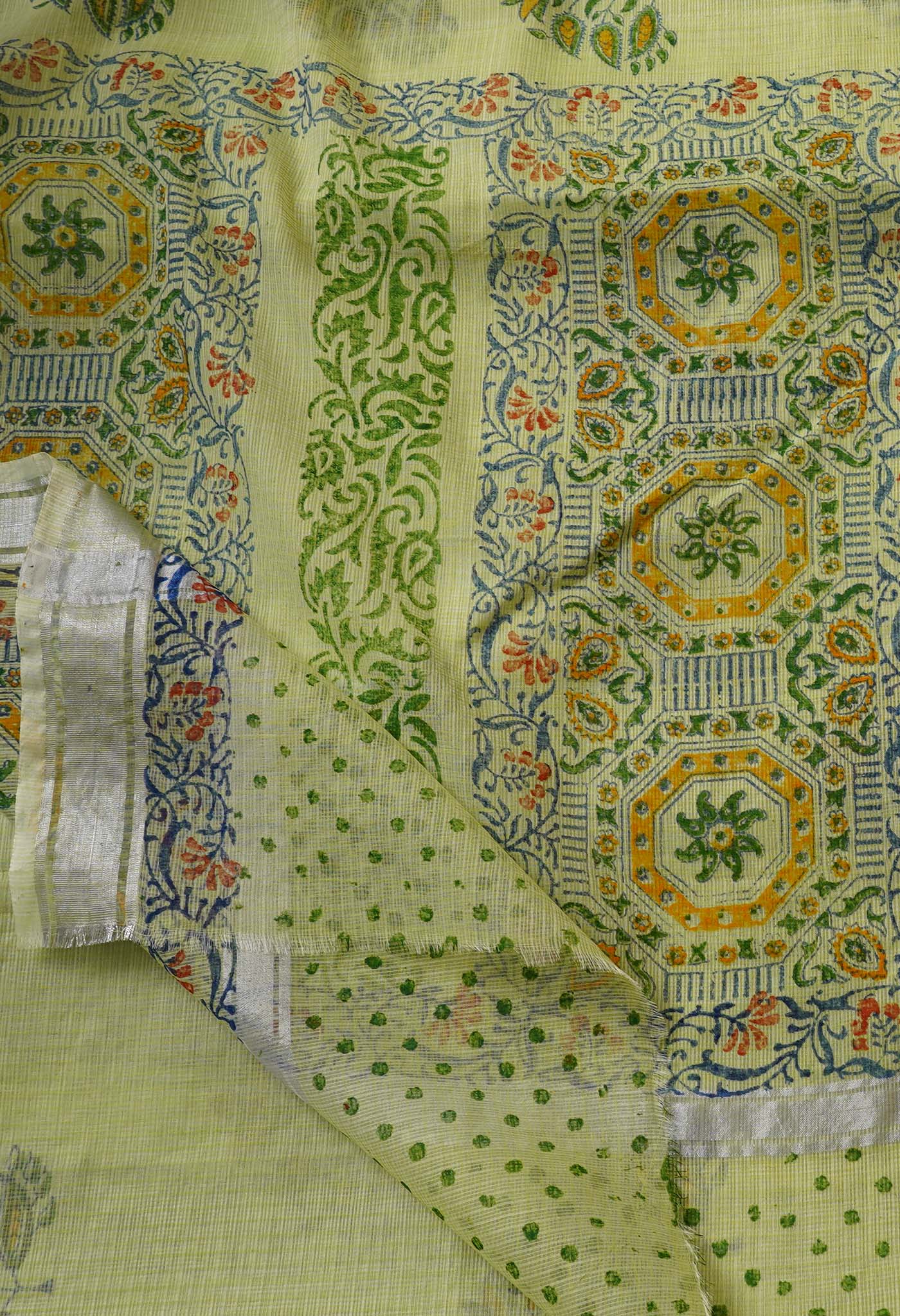 Light Green Pure Kota Block Printed Cotton Saree-UNM66194