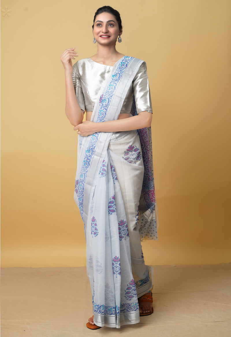 Light Blue  Pure Kota Block Printed Cotton Saree-UNM66195