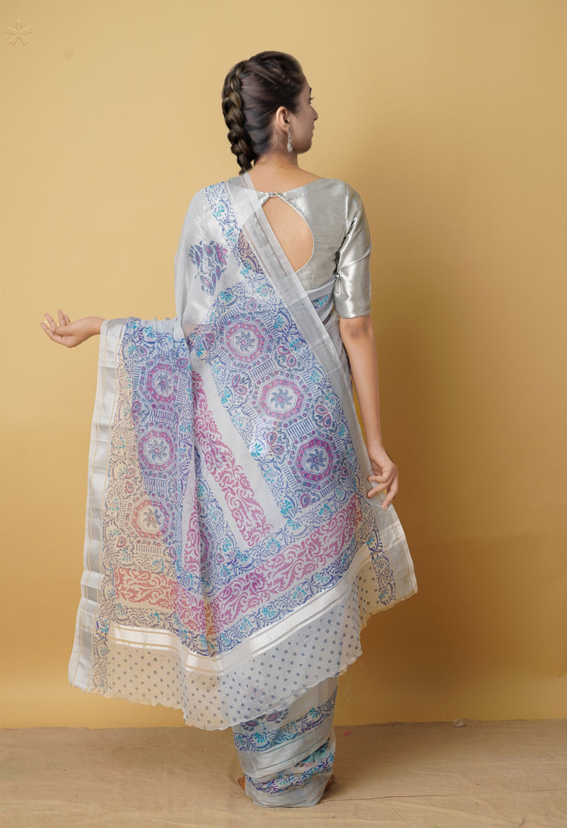 Light Blue  Pure Kota Block Printed Cotton Saree-UNM66195