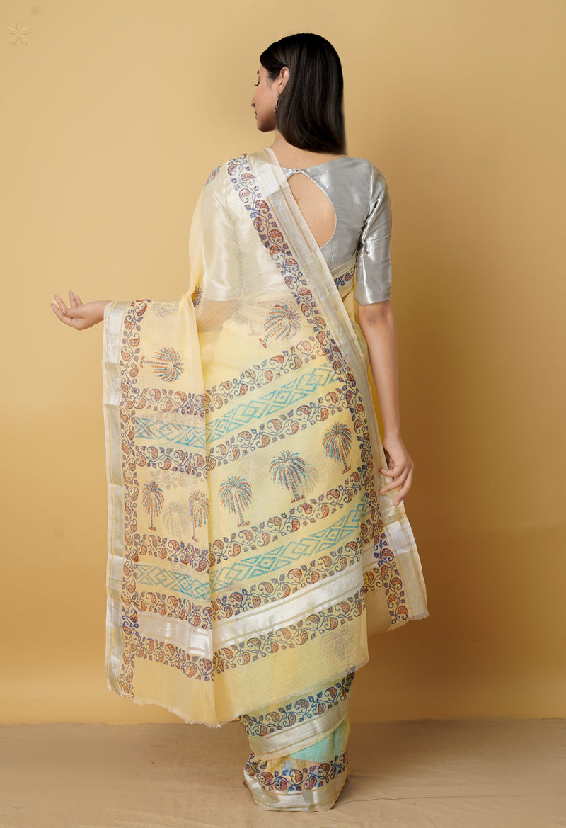 Cream Pure Kota Block Printed Cotton Saree-UNM66199