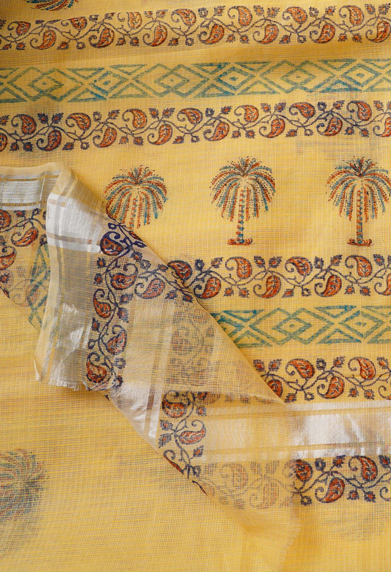 Cream Pure Kota Block Printed Cotton Saree-UNM66199