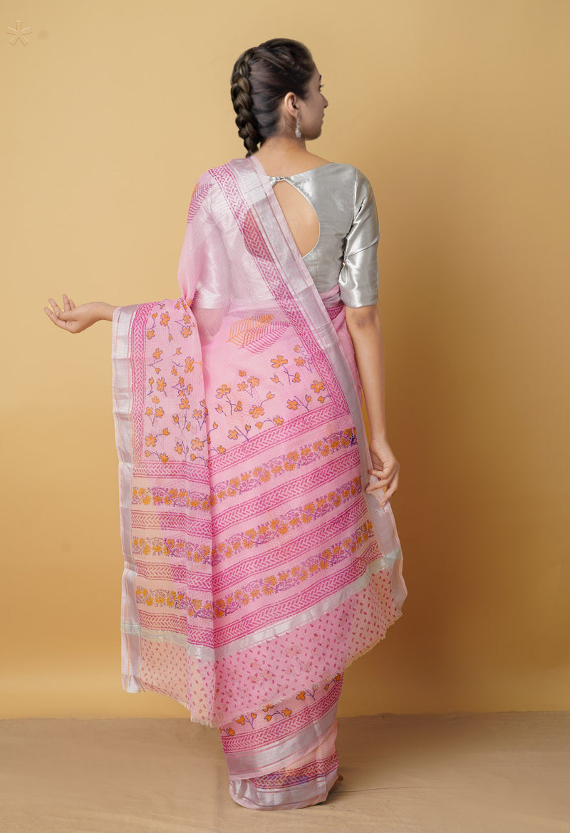 Pink Pure Kota Block Printed Cotton Saree-UNM66202