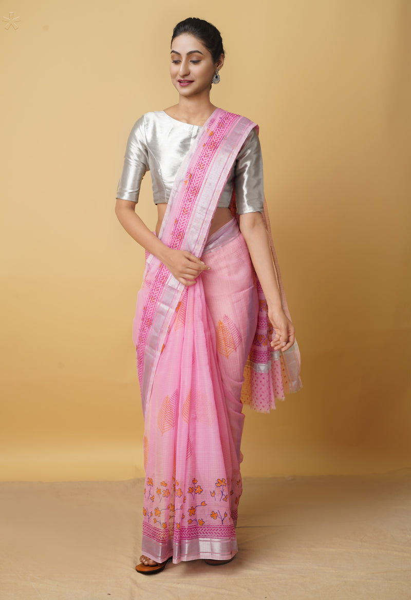 Pink Pure Kota Block Printed Cotton Saree-UNM66202