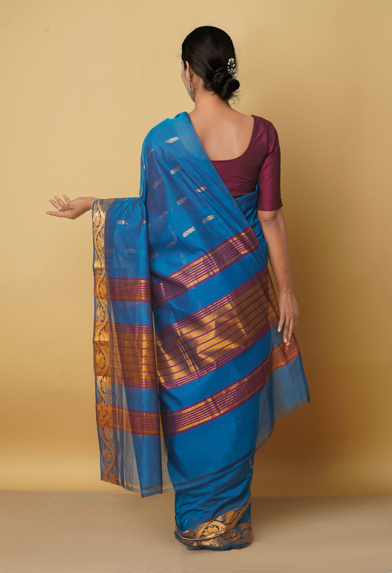 Blue Pure Handloom Gadwal Cotton Saree-UNM66227
