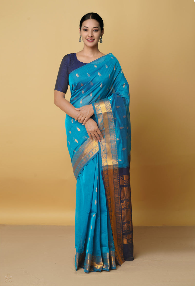 Blue Pure Handloom Gadwal Mercerized Cotton Saree-UNM66231