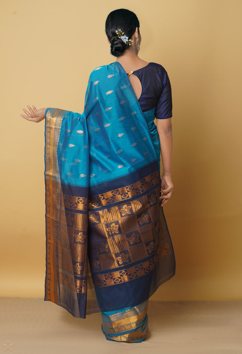 Blue Pure Handloom Gadwal Mercerized Cotton Saree-UNM66231