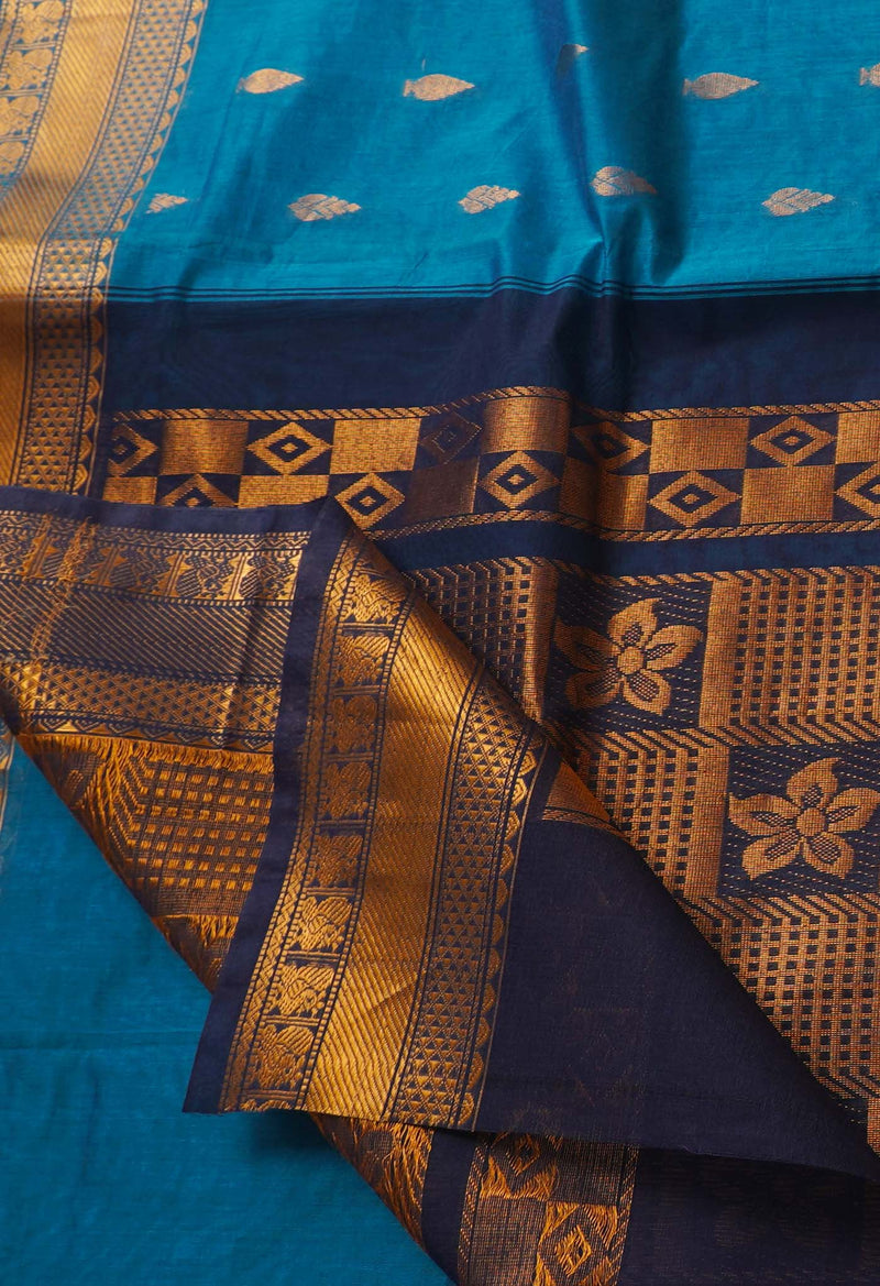 Blue Pure Handloom Gadwal Mercerized Cotton Saree-UNM66231