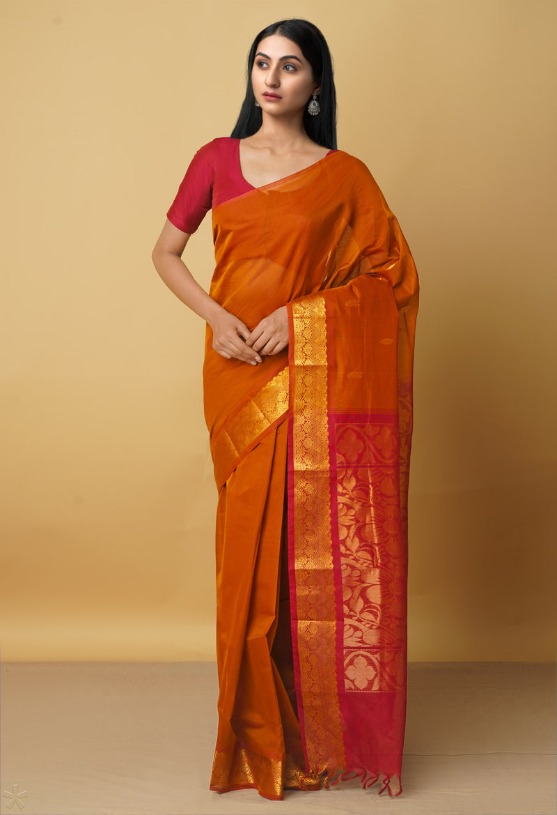 Rust Orange Pure Handloom Gadwal Mercerized Cotton Saree-UNM66240