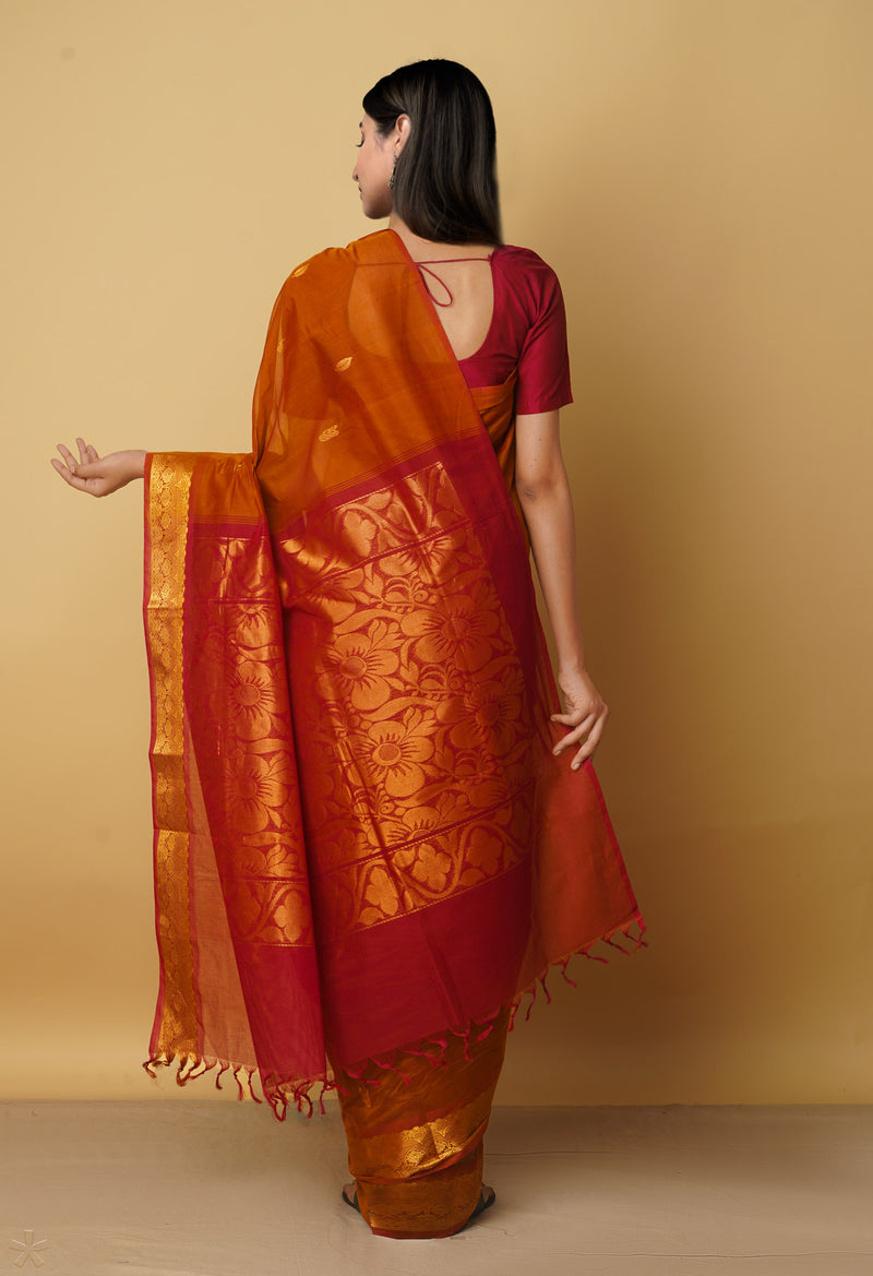 Rust Orange Pure Handloom Gadwal Mercerized Cotton Saree-UNM66240