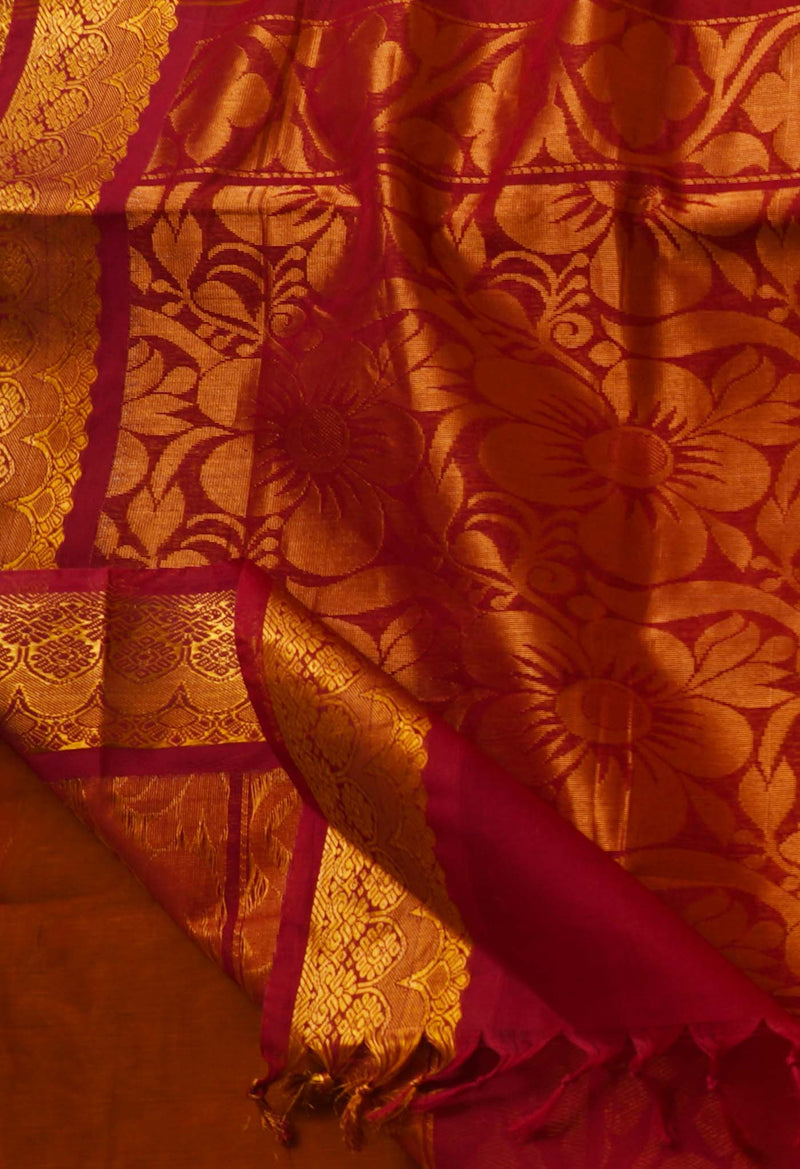 Rust Orange Pure Handloom Gadwal Mercerized Cotton Saree-UNM66240