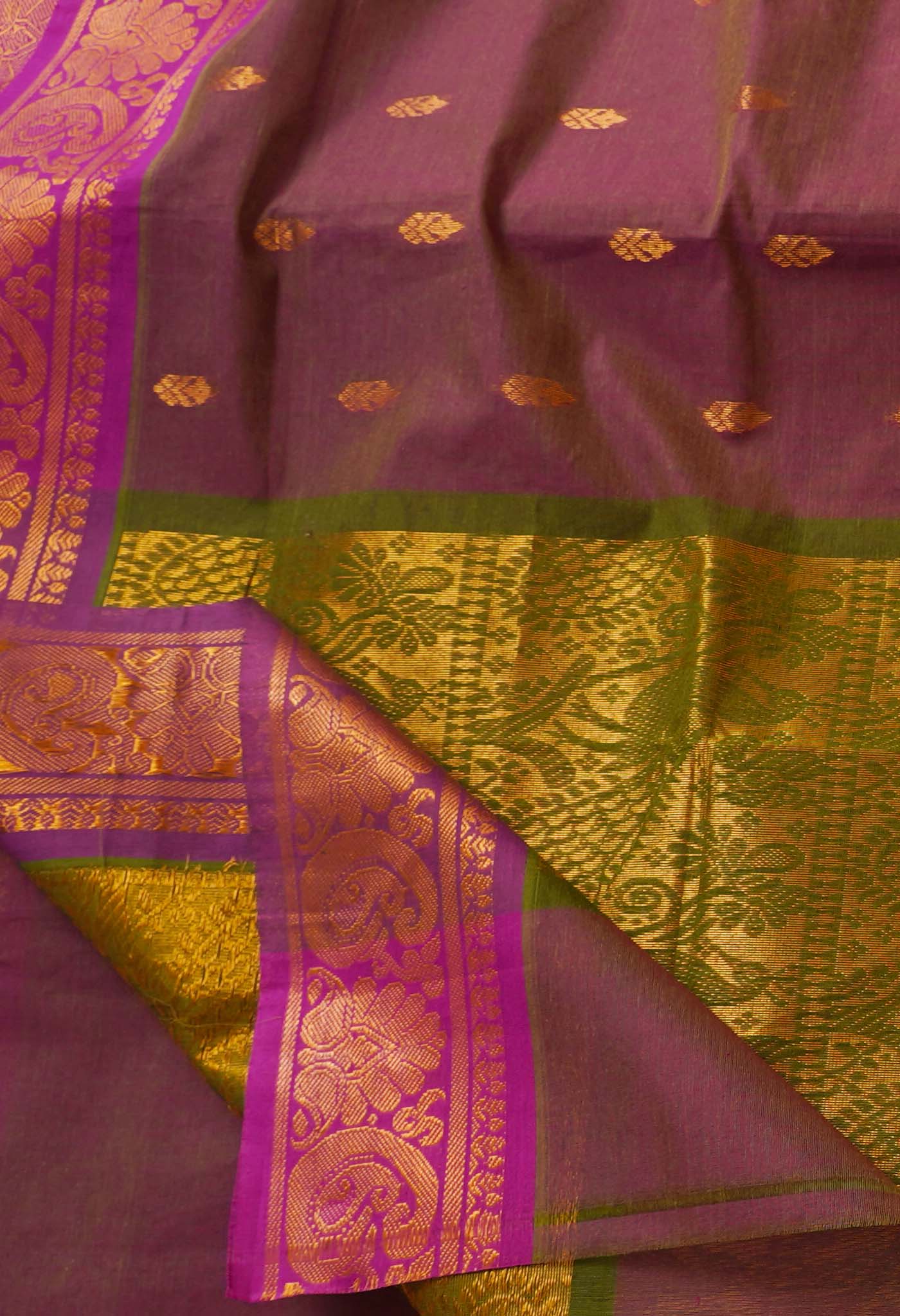 Green-Purple Pure Handloom Gadwal Mercerized Cotton Saree-UNM66245