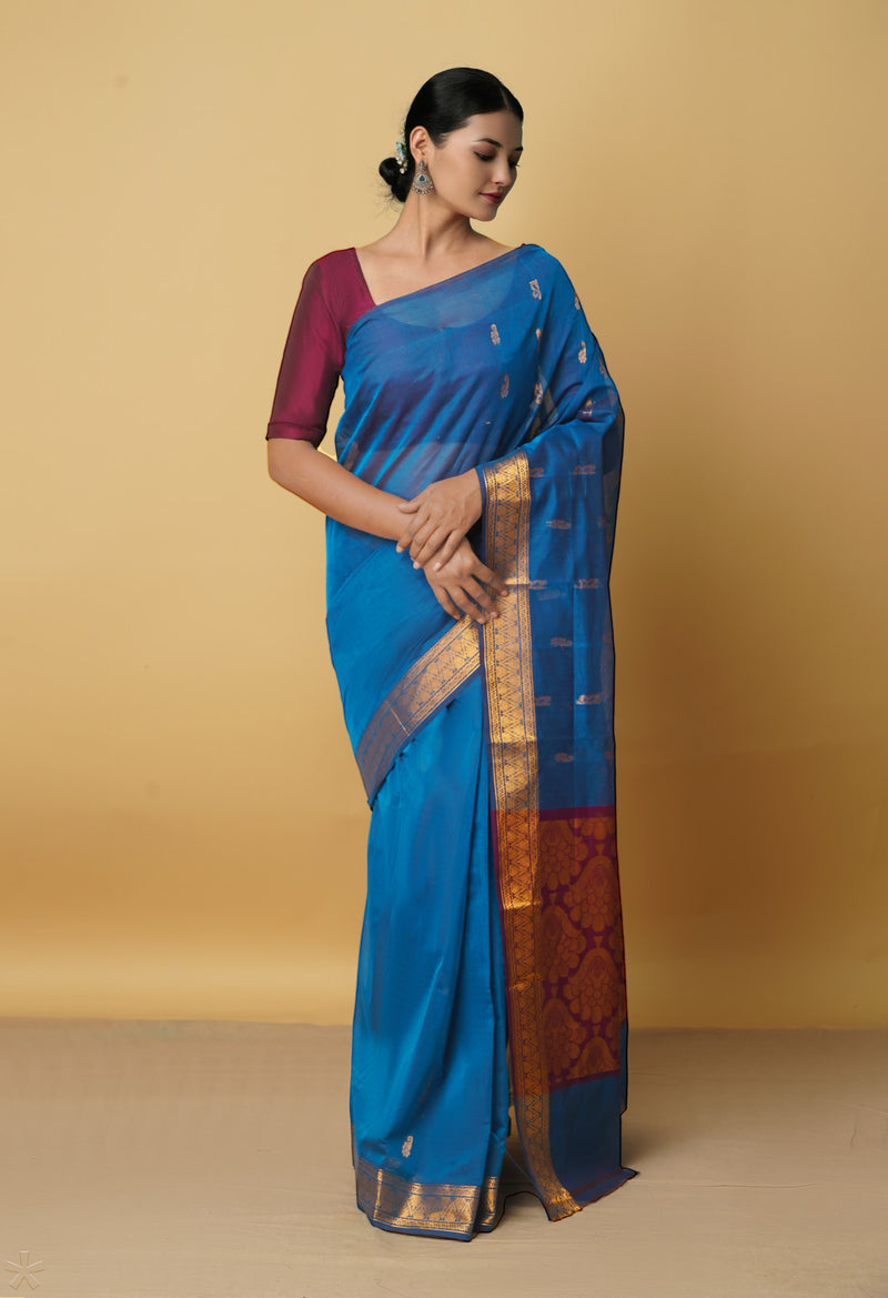 Blue Pure Handloom Gadwal Mercerized Cotton Saree-UNM66252