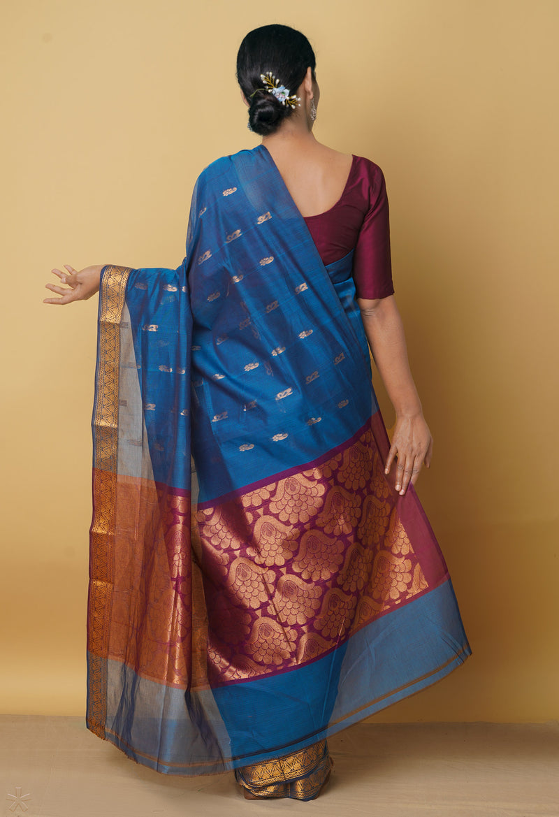 Blue Pure Handloom Gadwal Mercerized Cotton Saree-UNM66252