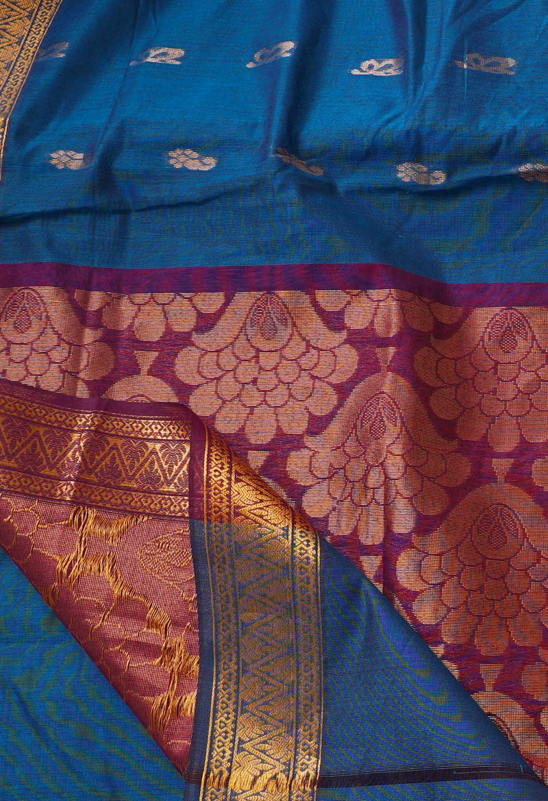 Blue Pure Handloom Gadwal Mercerized Cotton Saree-UNM66252