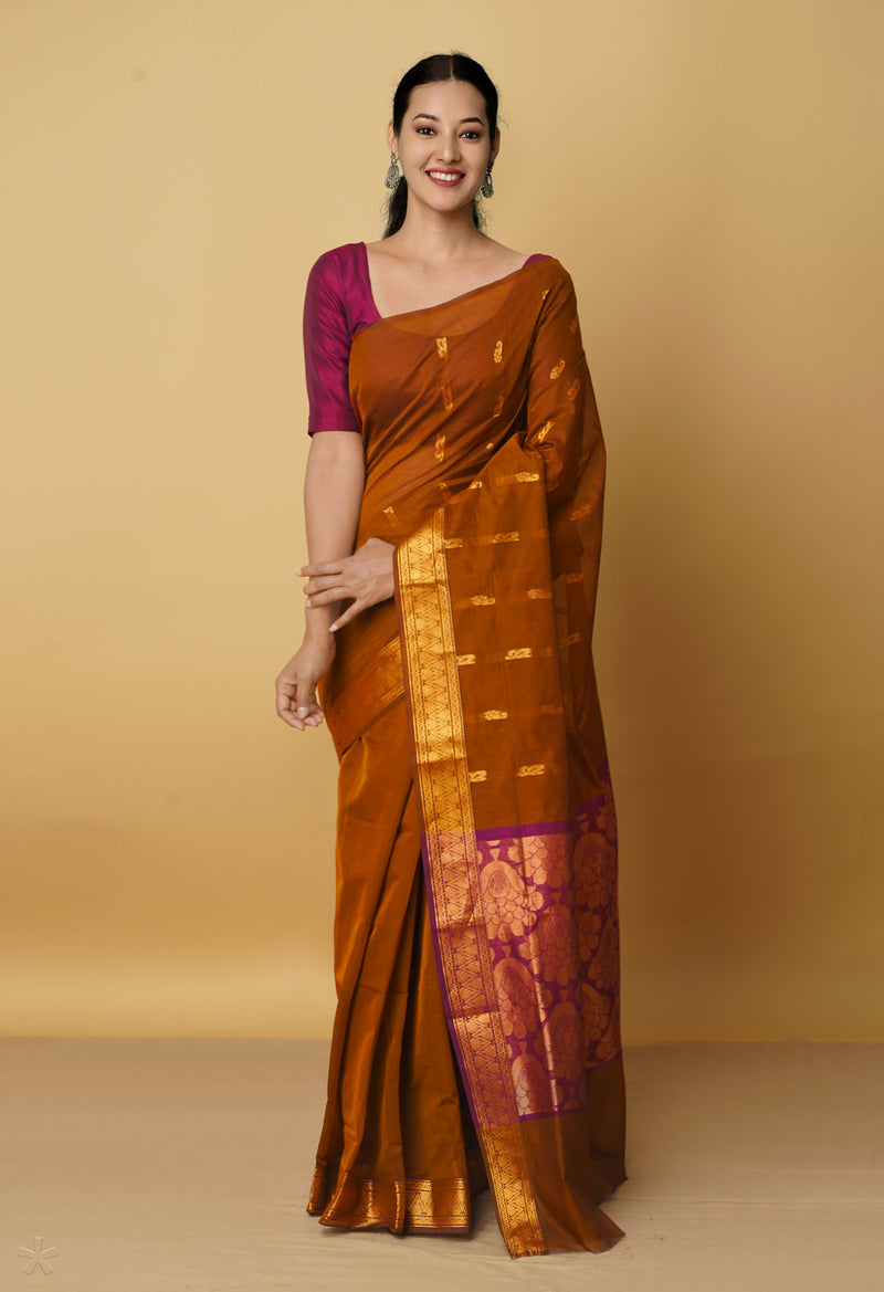 Copper Brown Pure Handloom Gadwal Mercerized Cotton Saree-UNM66257