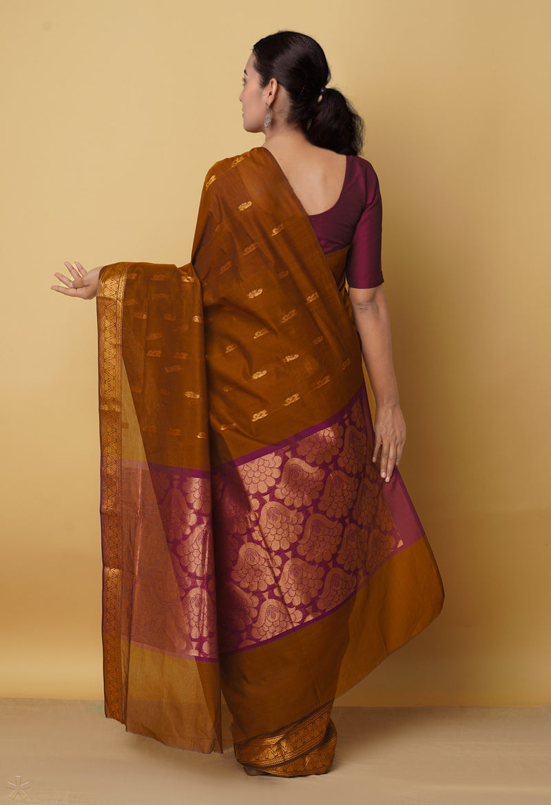 Copper Brown Pure Handloom Gadwal Mercerized Cotton Saree-UNM66257