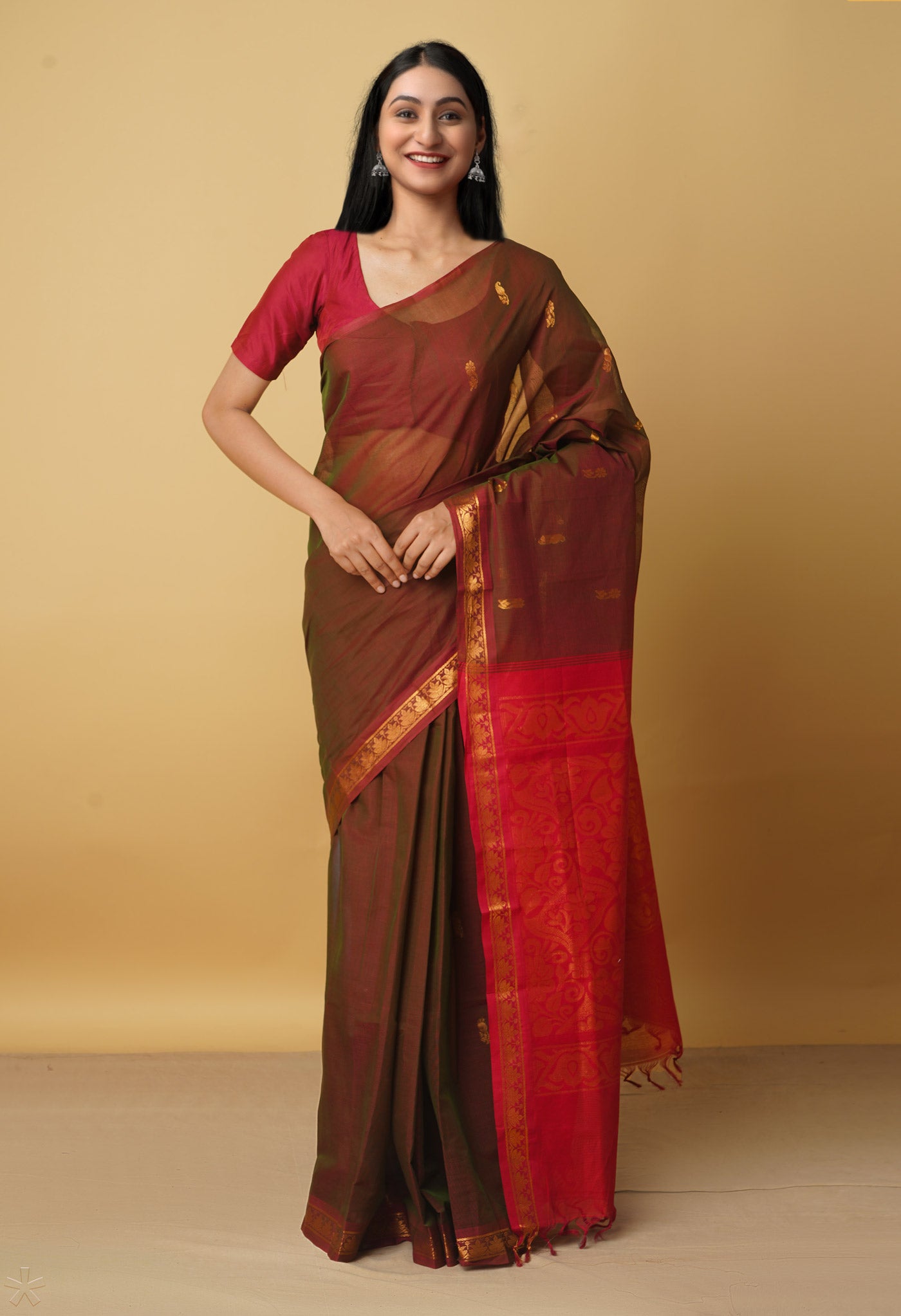 Red-Green Pure Handloom Pavni Venkatagiri Cotton Saree-UNM66260