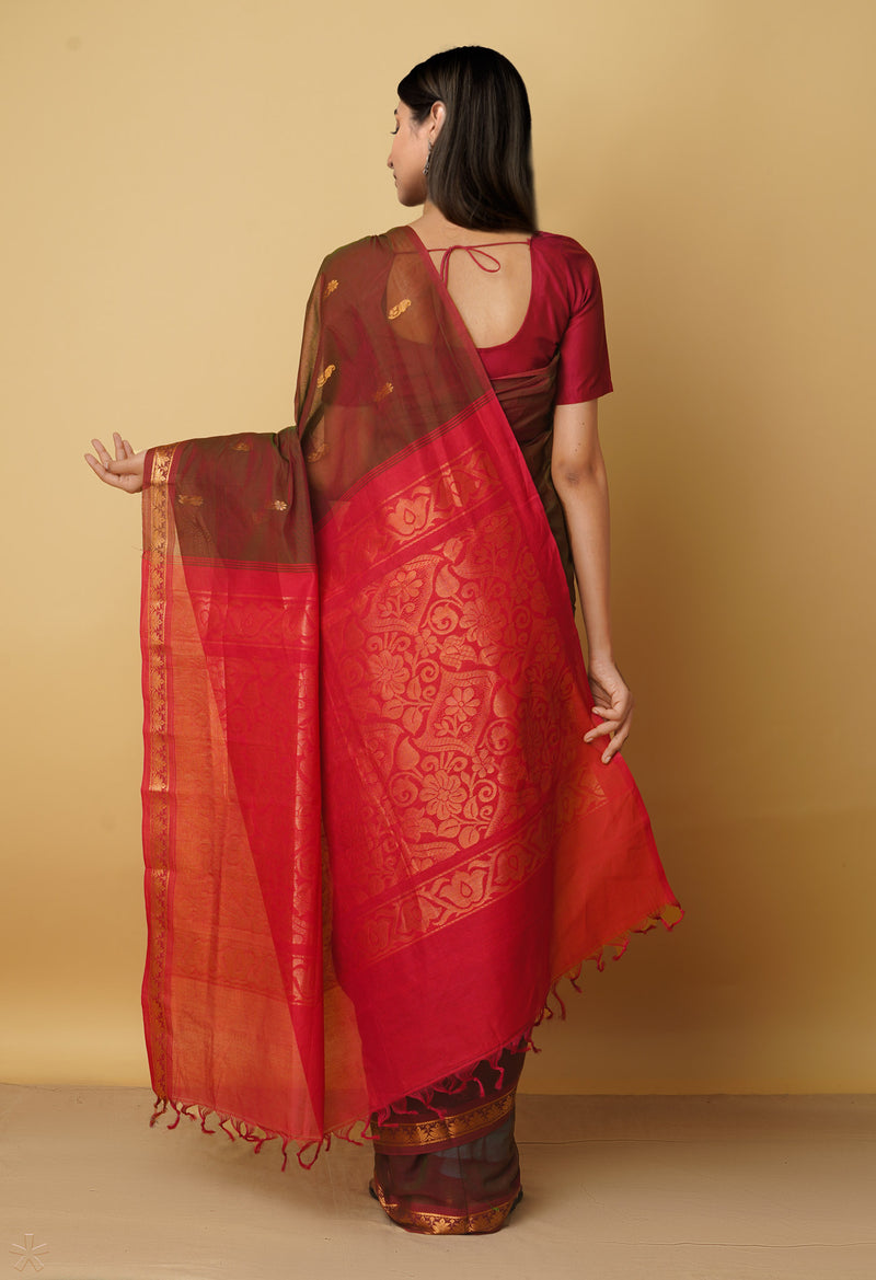 Red-Green Pure Handloom Pavni Venkatagiri Cotton Saree-UNM66260