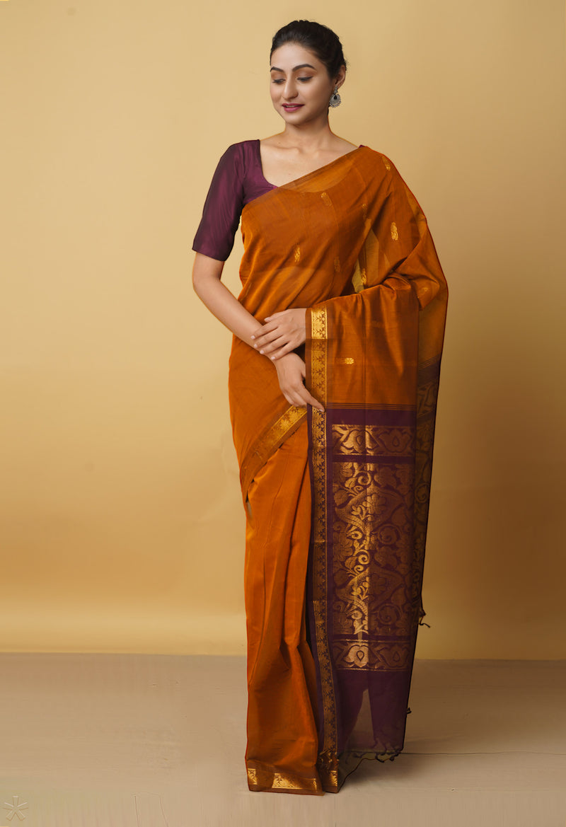 Rust Orange Pure Handloom Pavni Venkatagiri Cotton Saree-UNM66270