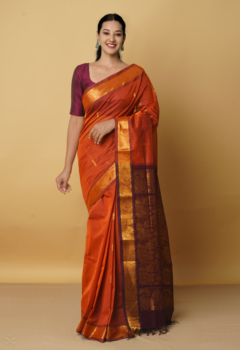 Chestnut Pure Handloom Gadwal Mercerized Cotton Saree-UNM66271