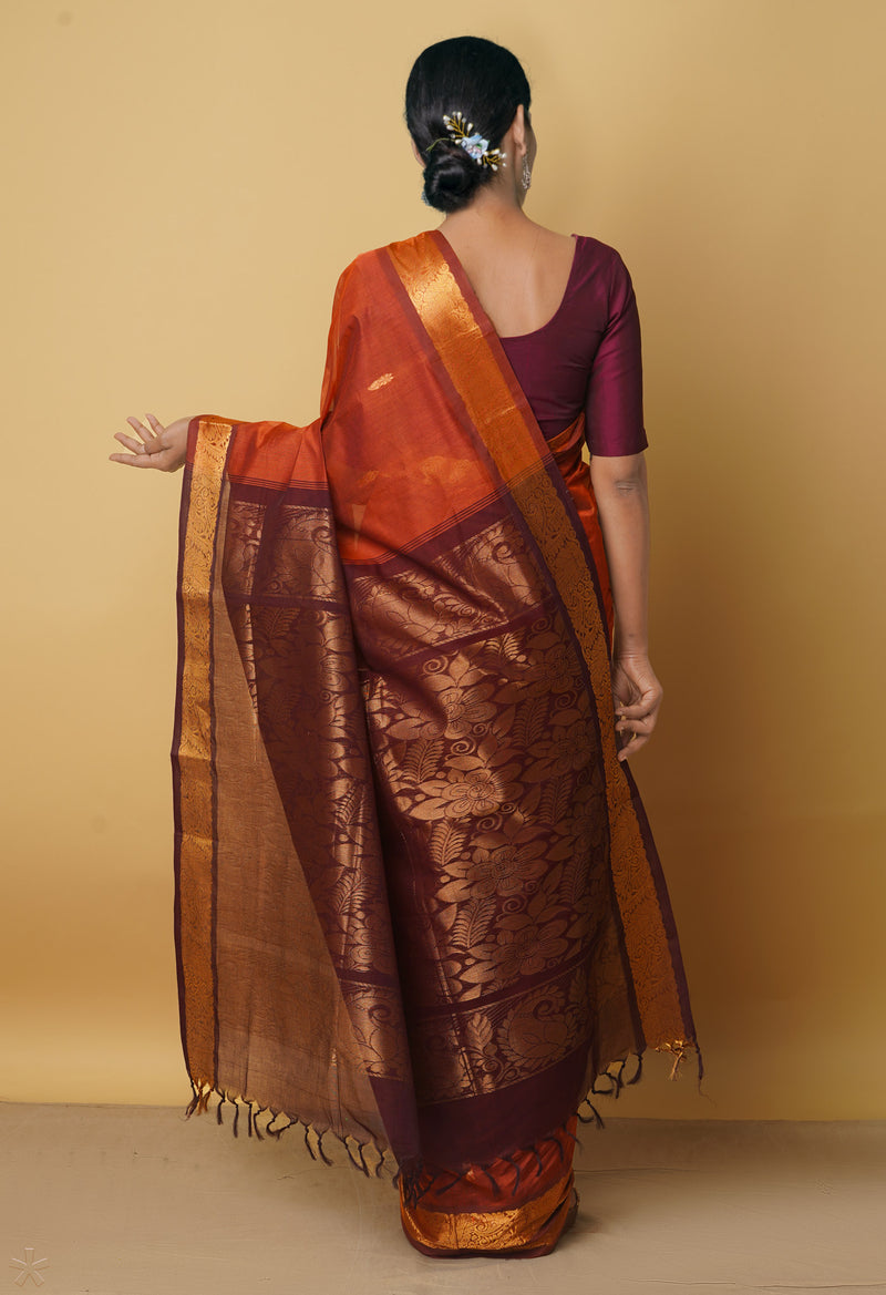 Chestnut Pure Handloom Gadwal Mercerized Cotton Saree-UNM66271