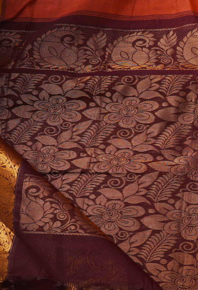 Chestnut Pure Handloom Gadwal Mercerized Cotton Saree-UNM66271