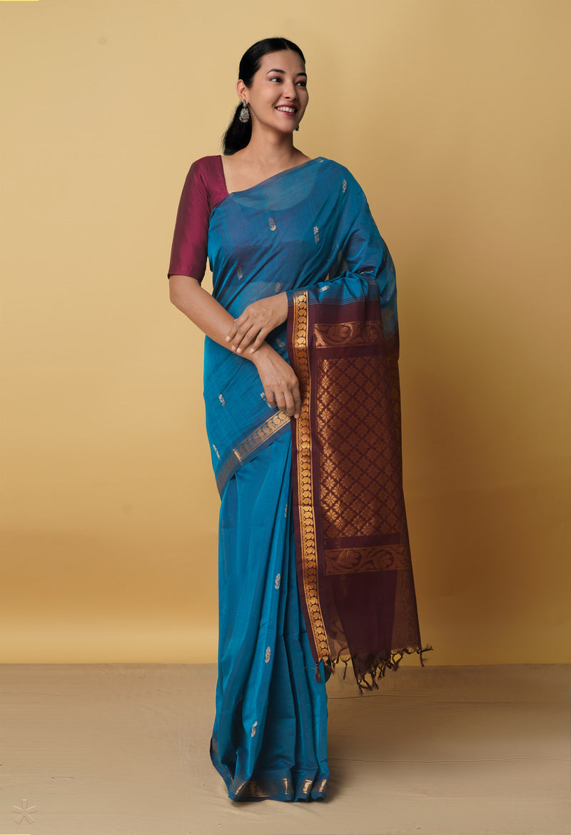 Blue Pure Handloom Pavni Venkatagiri Cotton Saree-UNM66274